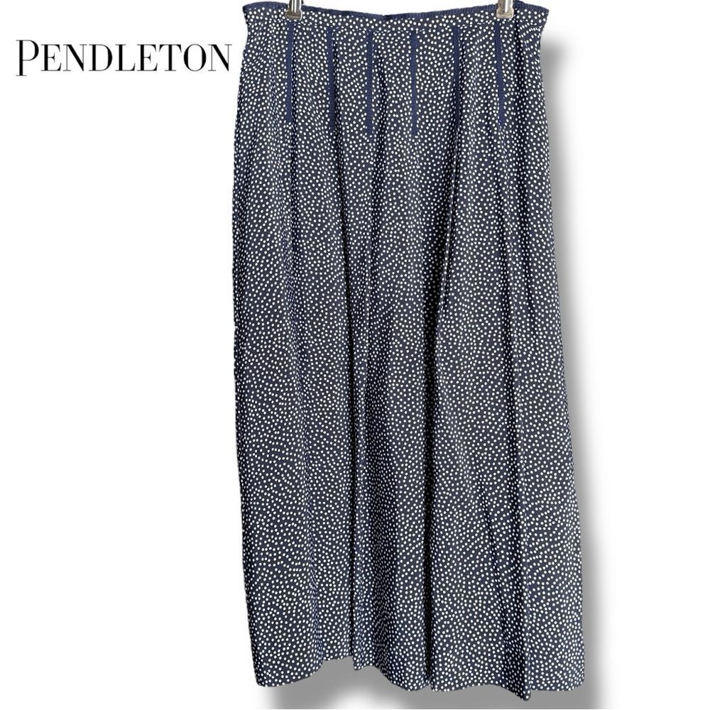 Pendleton Vintage Navy Polka Dot 100% Silk Pleated A-line Midi Skirt size 10P